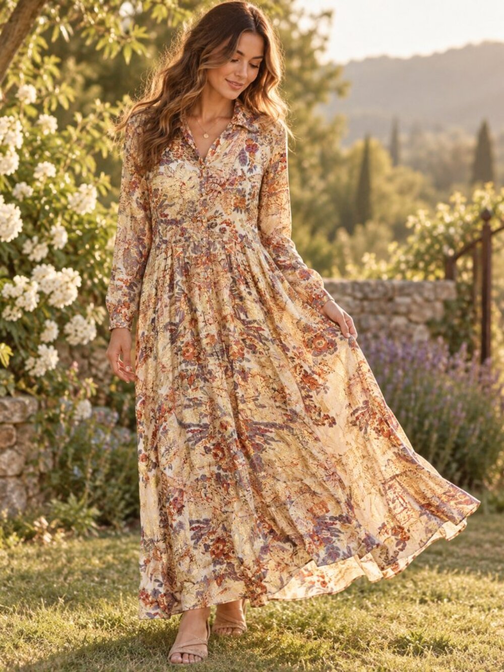 Soft Surroundings Meknes Gold Metallic Floral Maxi Shirtdress Size M